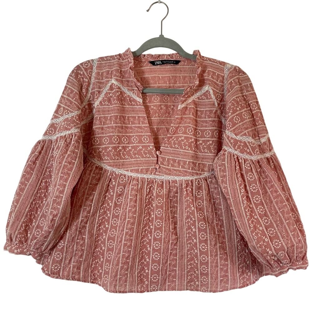 Zara Size M Peasant Blouse Dusty Pink Embroidered Balloon Sleeve Boho Top Womens